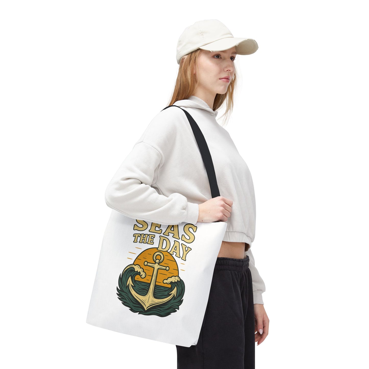 "Seas the Day" Nautical Tote Bag – Funny Beach Quote Canvas Bag with Anchor | Coastal Gift Idea for Summer, Travel, or Daily Use