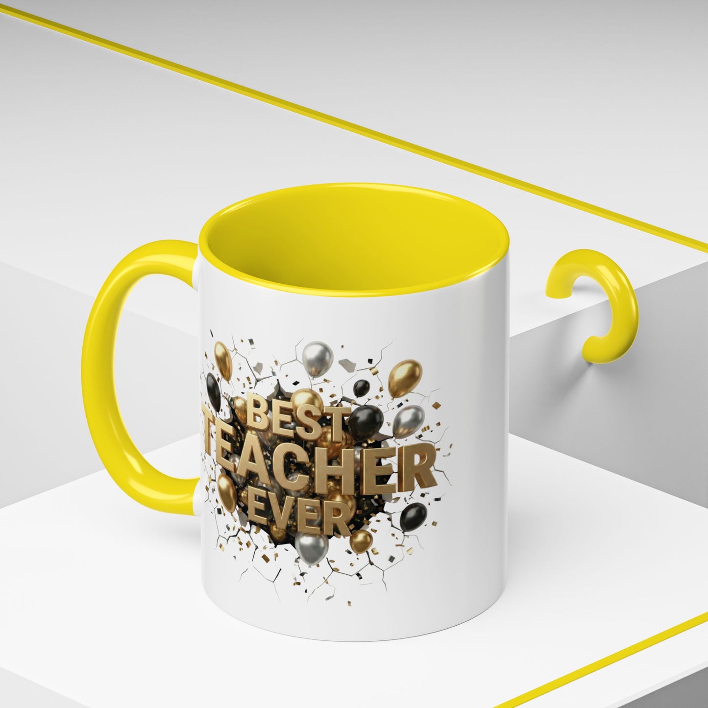 Personalized Teacher Mug, Best Teacher Ever Gift, Custom Educator Coffee Cup, 3D Gold Balloon Design, Teacher Appreciation Present
