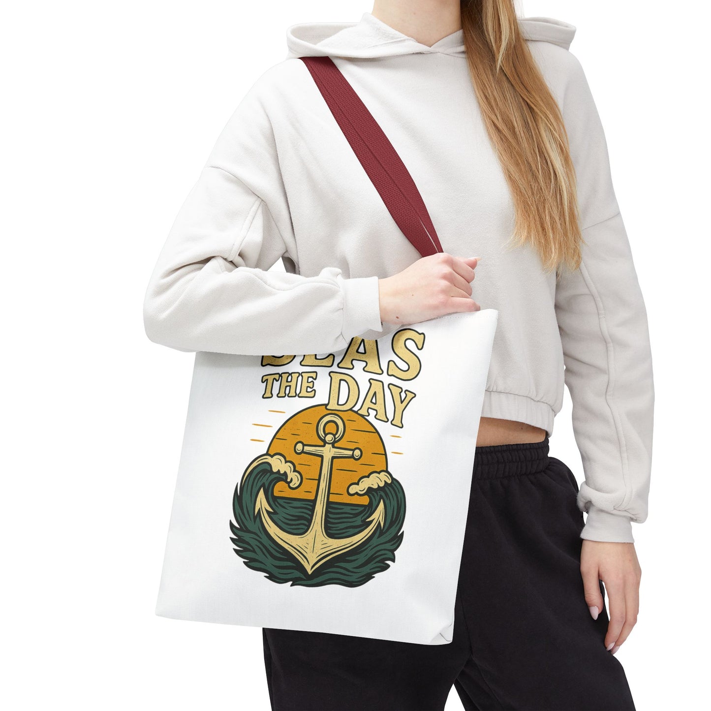 "Seas the Day" Nautical Tote Bag – Funny Beach Quote Canvas Bag with Anchor | Coastal Gift Idea for Summer, Travel, or Daily Use