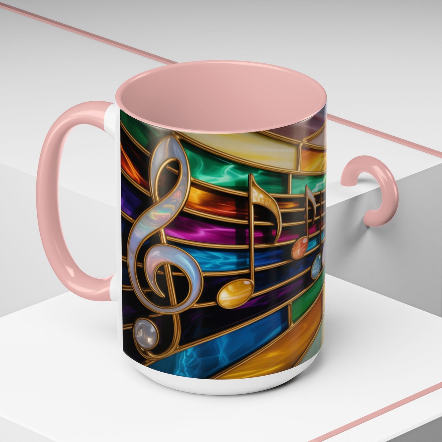 Stained glass music mug, musical notes coffee cup, colorful musician gift mug, music lover present, treble clef art mug, music teacher gift