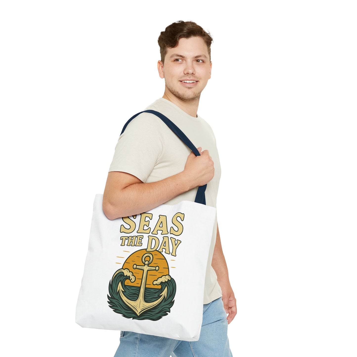 "Seas the Day" Nautical Tote Bag – Funny Beach Quote Canvas Bag with Anchor | Coastal Gift Idea for Summer, Travel, or Daily Use