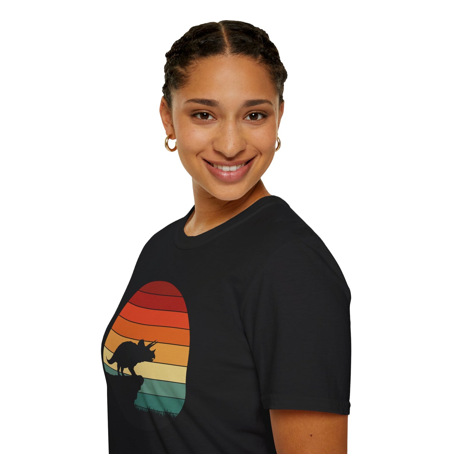 Retro Triceratops Sunset T-Shirt - Vintage Dino Graphic Tee - Unisex Softstyle Dinosaur Shirt - Nature and Prehistoric Lover Gift