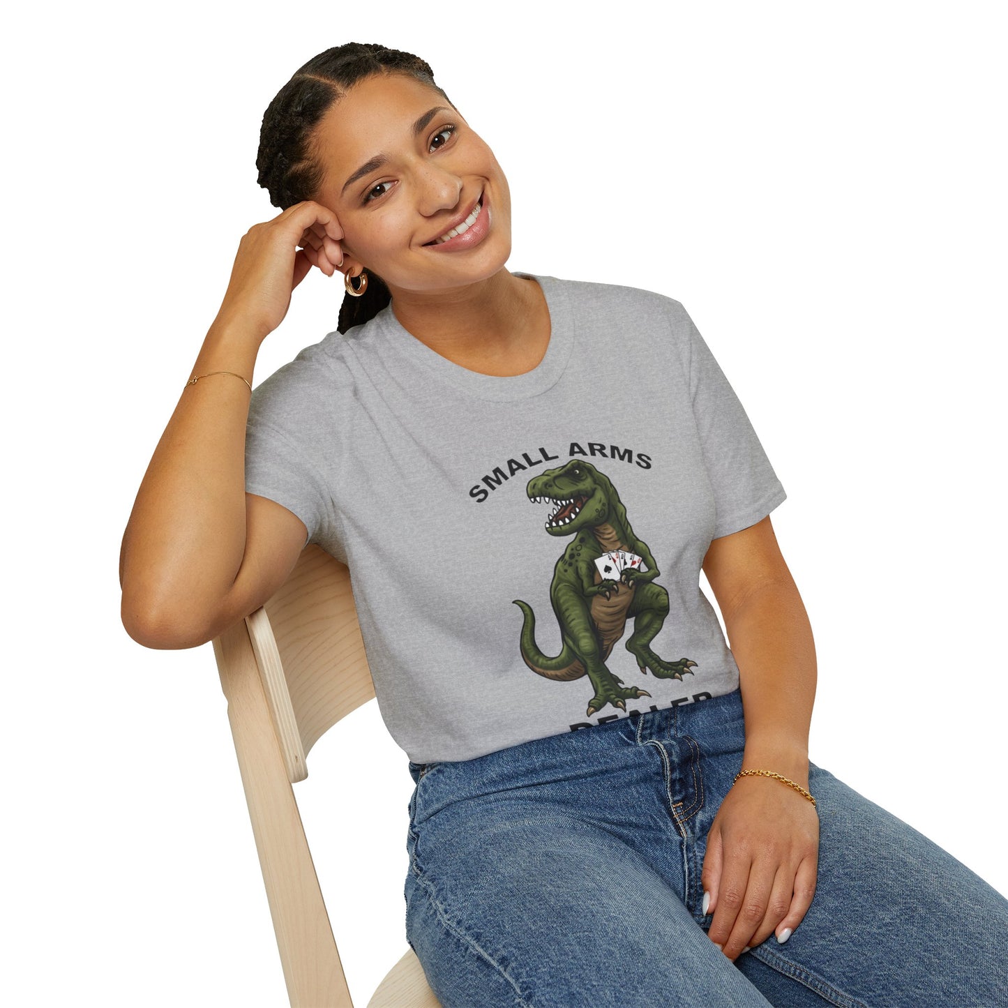 Funny Small Arms Dealer T-Rex Shirt, Dinosaur Pun Tee, Hilarious Graphic T-Shirt for Men & Women, Great Gift for Dad, Friend, or Coworker
