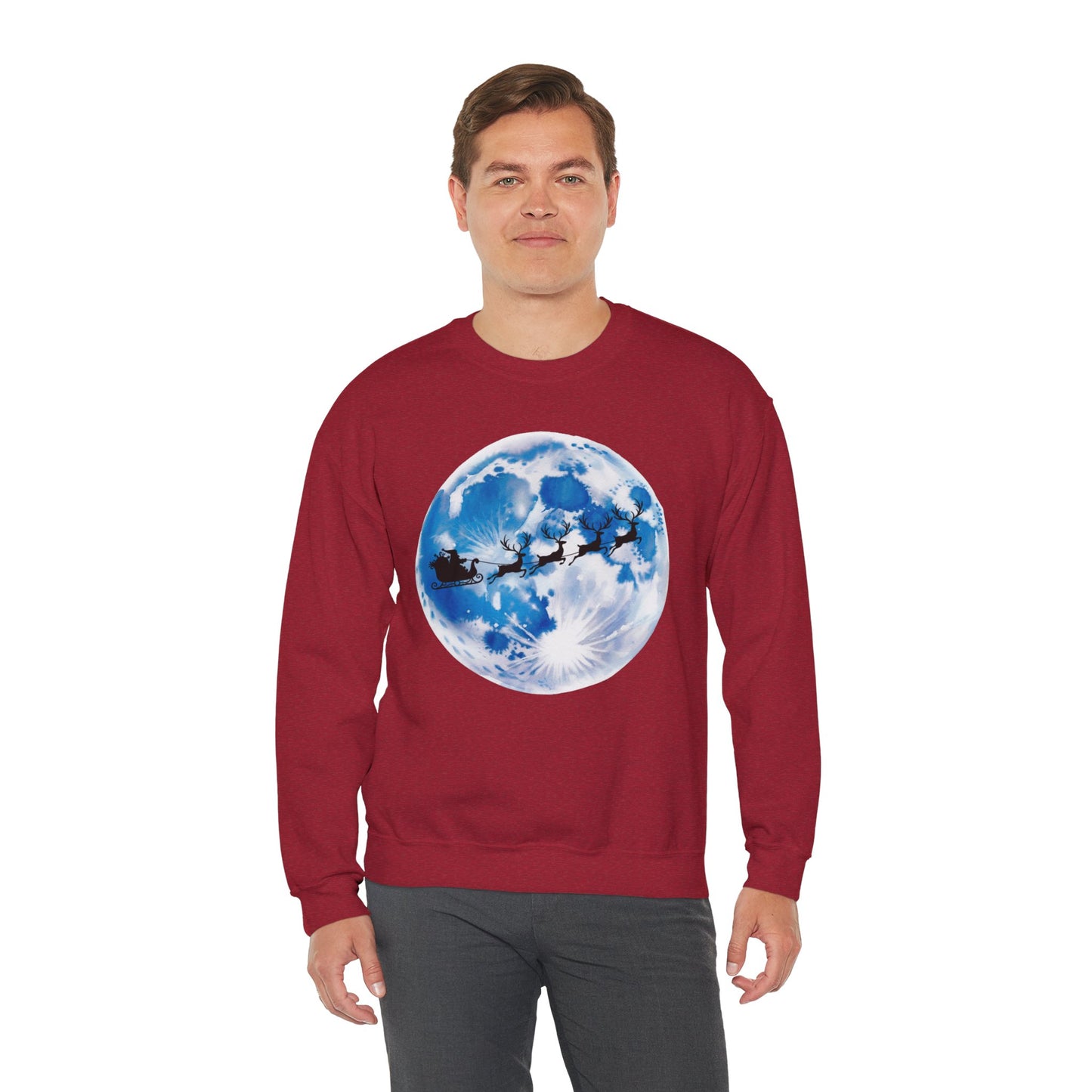 Santa And Reindeer Full Moon Christmas Sweatshirt, Holiday Night Sky Sweater, Cozy Unisex Crewneck, Festive Gift For Christmas Lovers