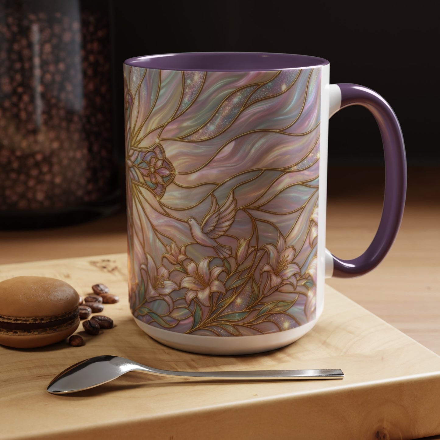 Stained Glass Cross Mug, Easter Lily Coffee Cup, Christian Gift for Women, Pastel Religious Drinkware, Dove and Faith Cup, Spiritual