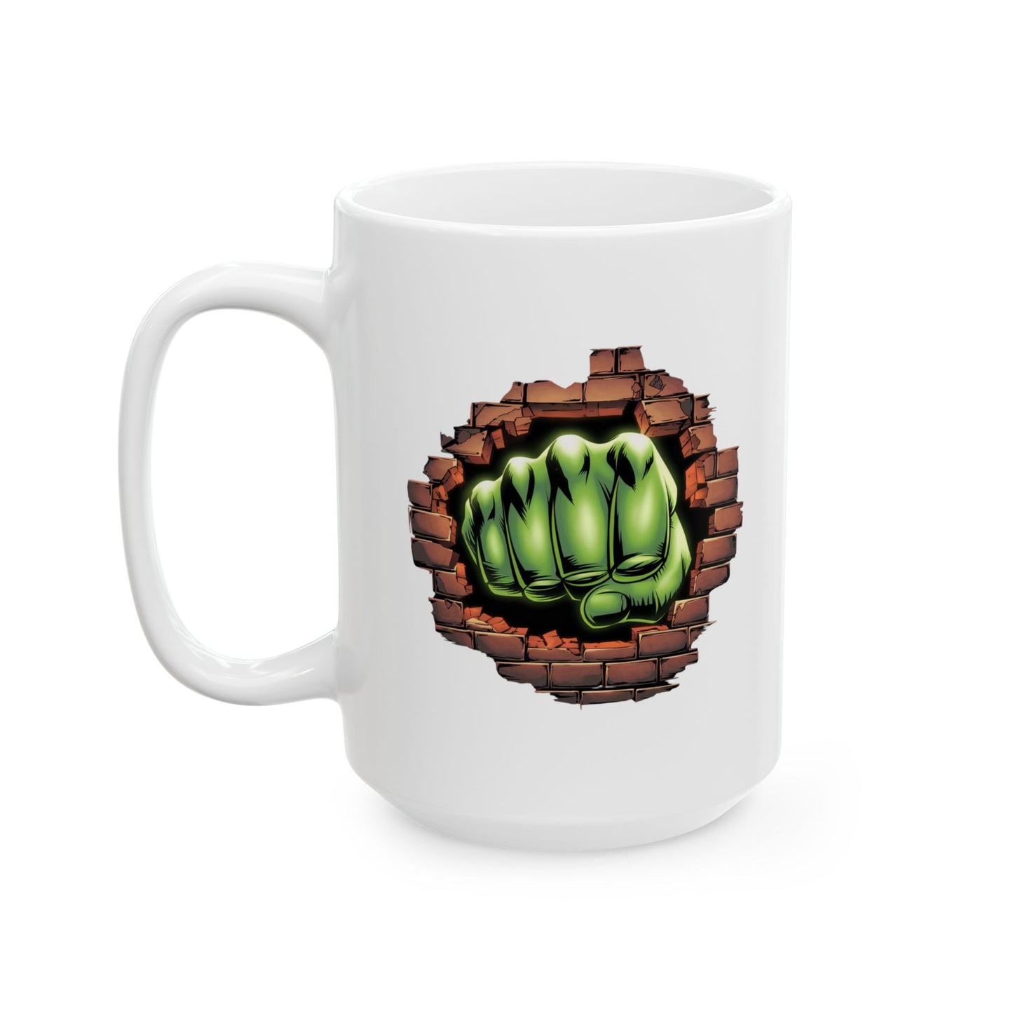 Smash Fist Mug – Green Fist Punching Through Wall Coffee Cup, Superhero Inspired Design, Dishwasher Safe, Funny Gift for Fans & Coffee Lovers