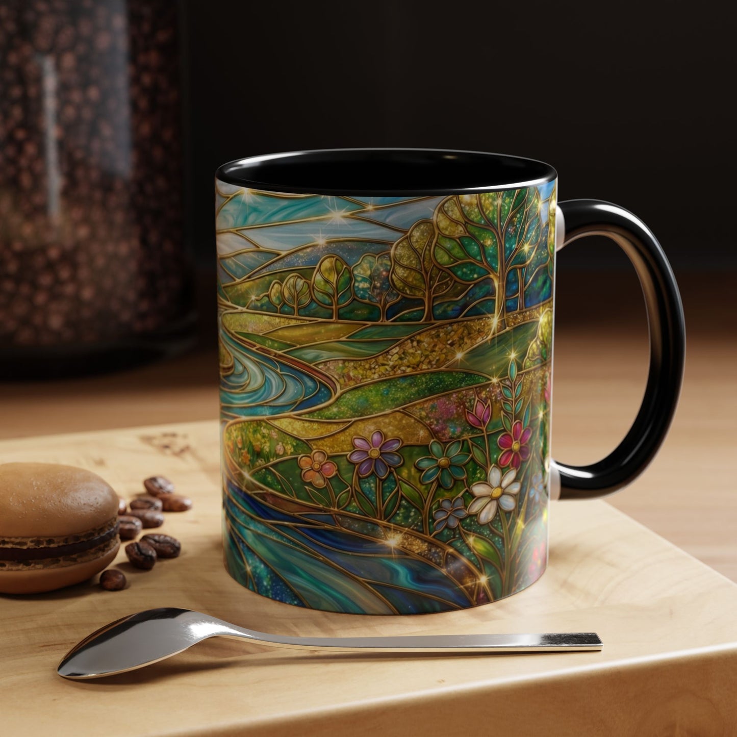 Stained Glass Mug, River Landscape Coffee Cup, Nature Lover Gift, Floral Tea Mug, Gardener Present, Art Teacher Gift, Colorful Scenery Cup