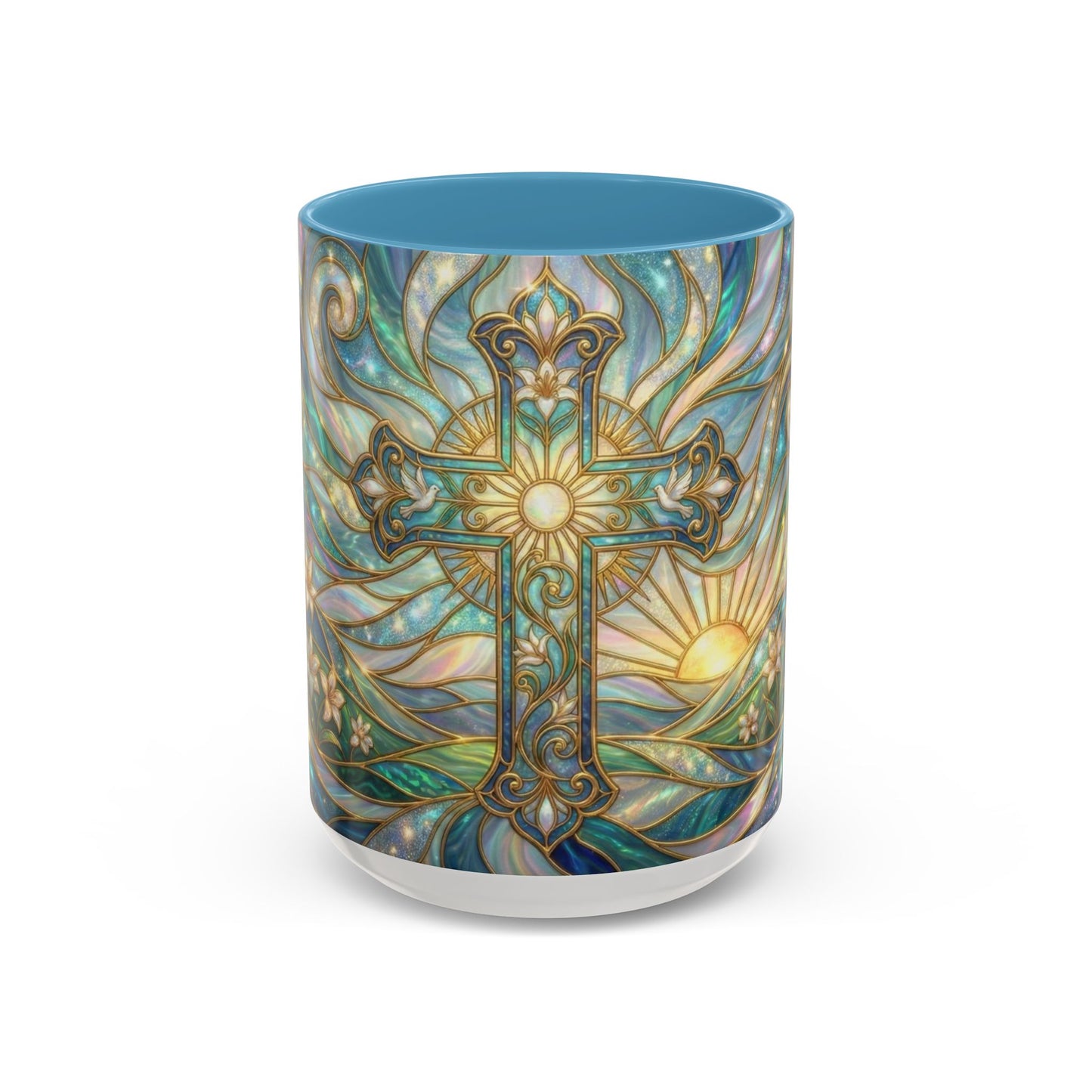 Stained Glass Cross Mug, Christian Coffee Cup, Religious Easter Gift, Celestial Faith Mug, Spiritual Sunrise Cup, Dove Lily Print Mug