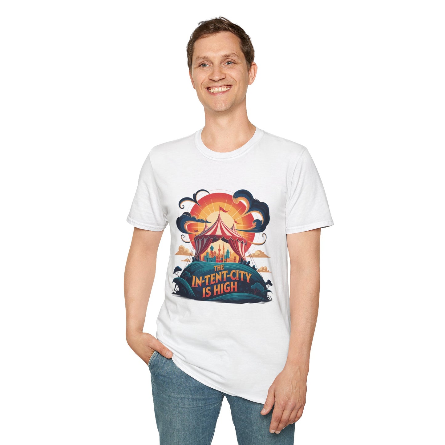 In-Tent-City Is High Retro Camp T-Shirt | Vintage Circus Tent + Cityscape Graphic | Funny Outdoors Urban Adventure Tee | Unisex Camper Shirt