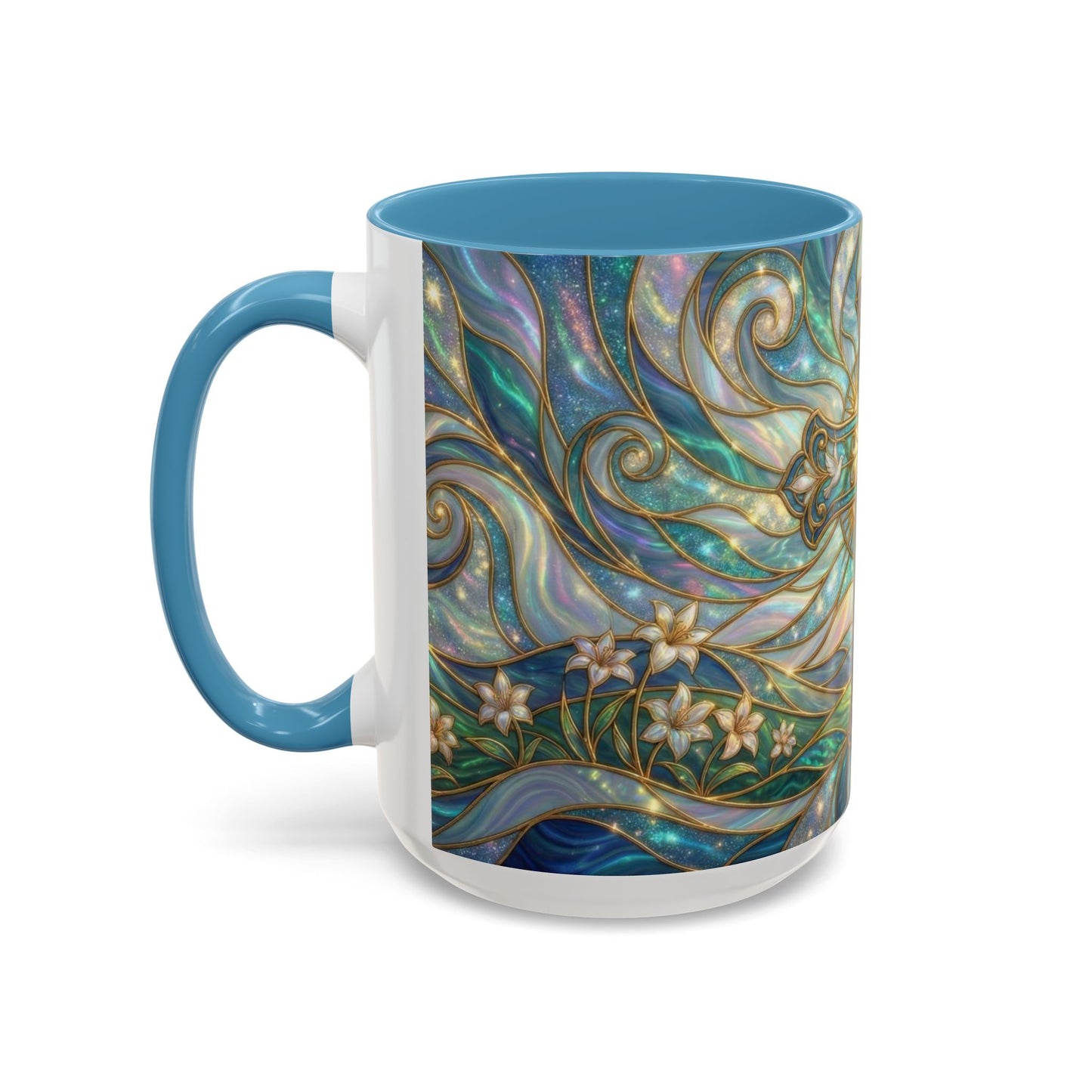 Stained Glass Cross Mug, Christian Coffee Cup, Religious Easter Gift, Celestial Faith Mug, Spiritual Sunrise Cup, Dove Lily Print Mug