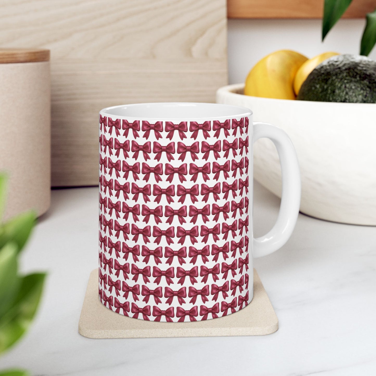 Coquette Bow Coffee Mug • Pink Ribbon Bow Pattern Cup • Girly Aesthetic Drinkware • Cute Coquette Kitchen Decor Gift • 11oz 15oz Mug