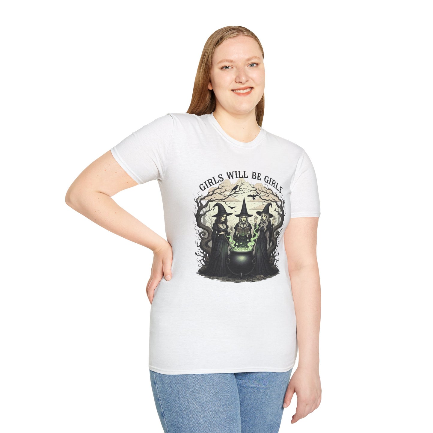 Girls Will Be Girls Witch Tee - Witches Brewing Cauldron Shirt - Halloween Witchy Vintage Feminist Spooky Gift for Women