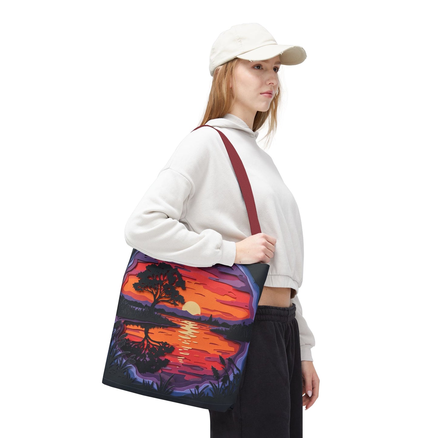 Sunset Landscape Canvas Tote Bag – Paper‑Art Inspired Nature Scene Tote – Colorful Sunset Market Tote, Eco Reusable Beach Bag, Vibrant Gift for Her