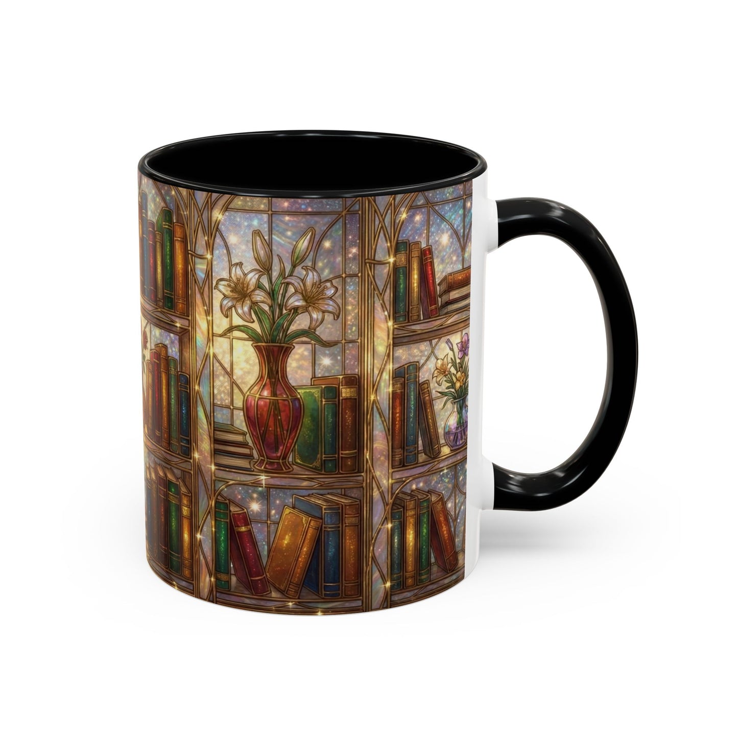 Stained Glass Books Mug, Book Lover Coffee Mug, Cozy Library Mug, Bookish Gift For Readers, Dark Academia Mug, Floral Bookshelf Cup