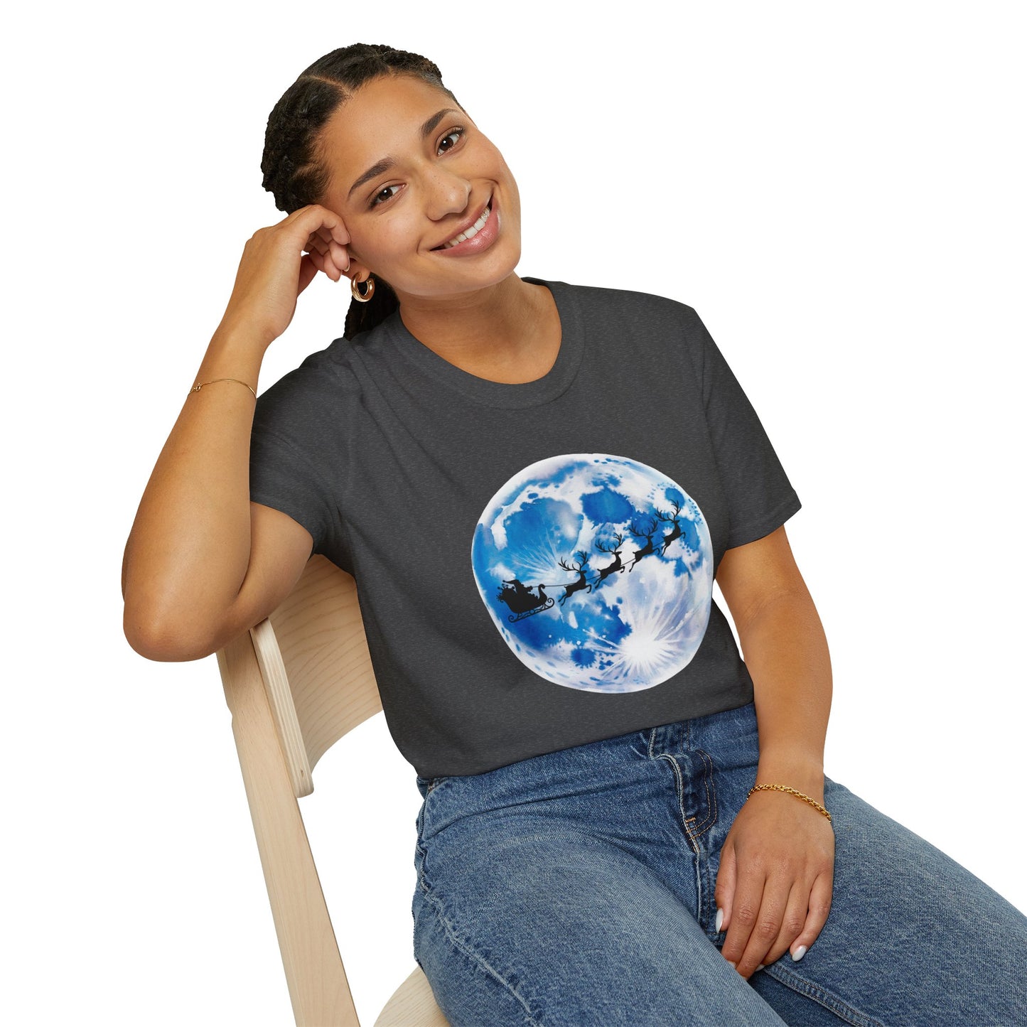 Santa Moon Christmas T-Shirt, Reindeer Sleigh Christmas Tee, Holiday Moonlight Xmas Shirt, Festive Christmas Graphic Tee, Winter Night Christmas Gift Tee