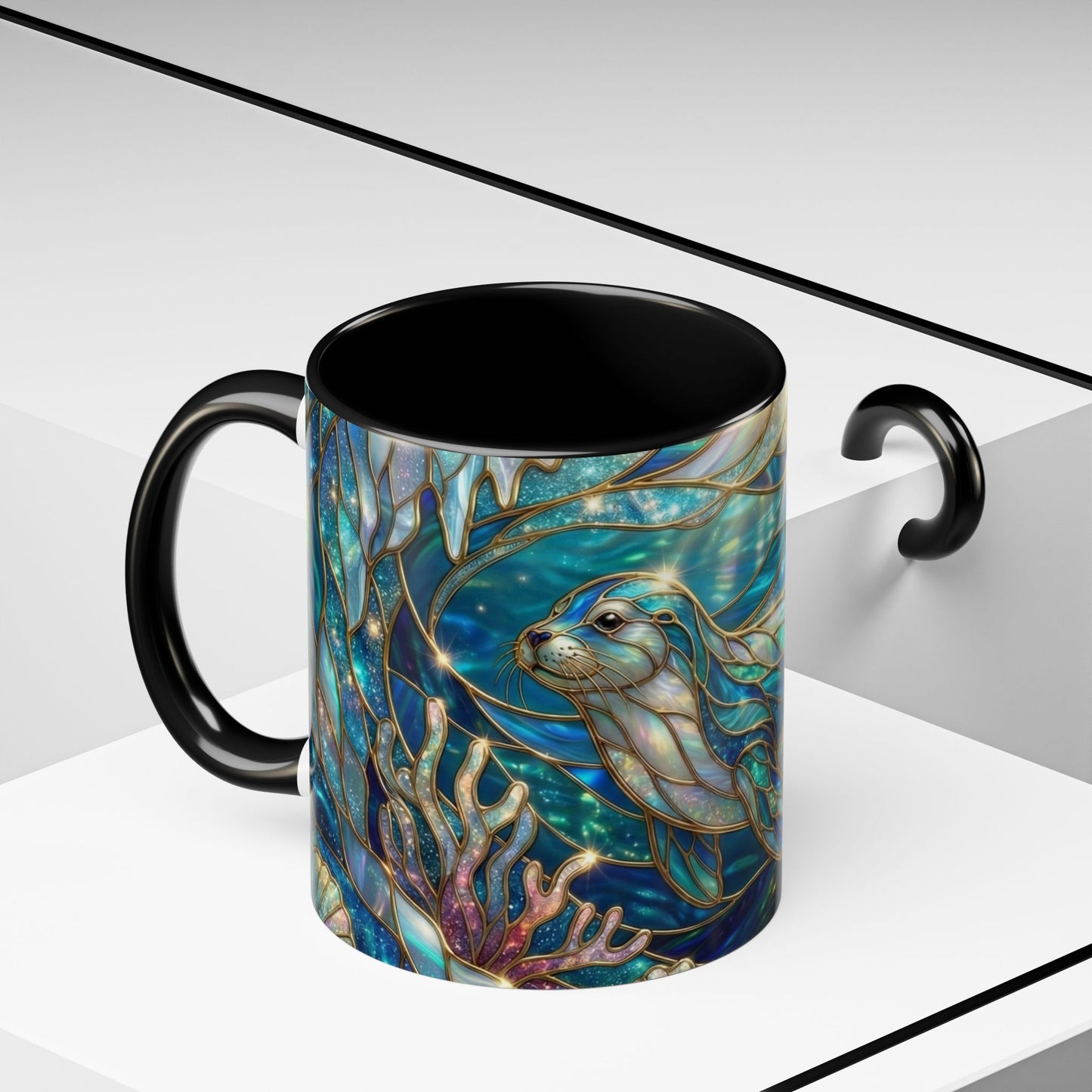 Seal Coffee Mug, Stained Glass Seal Mug, Cute Ocean Animal Art Mug, Marine Life Gift, Unique Ceramic Coffee Cup, 11oz 15oz Wildlife Mug