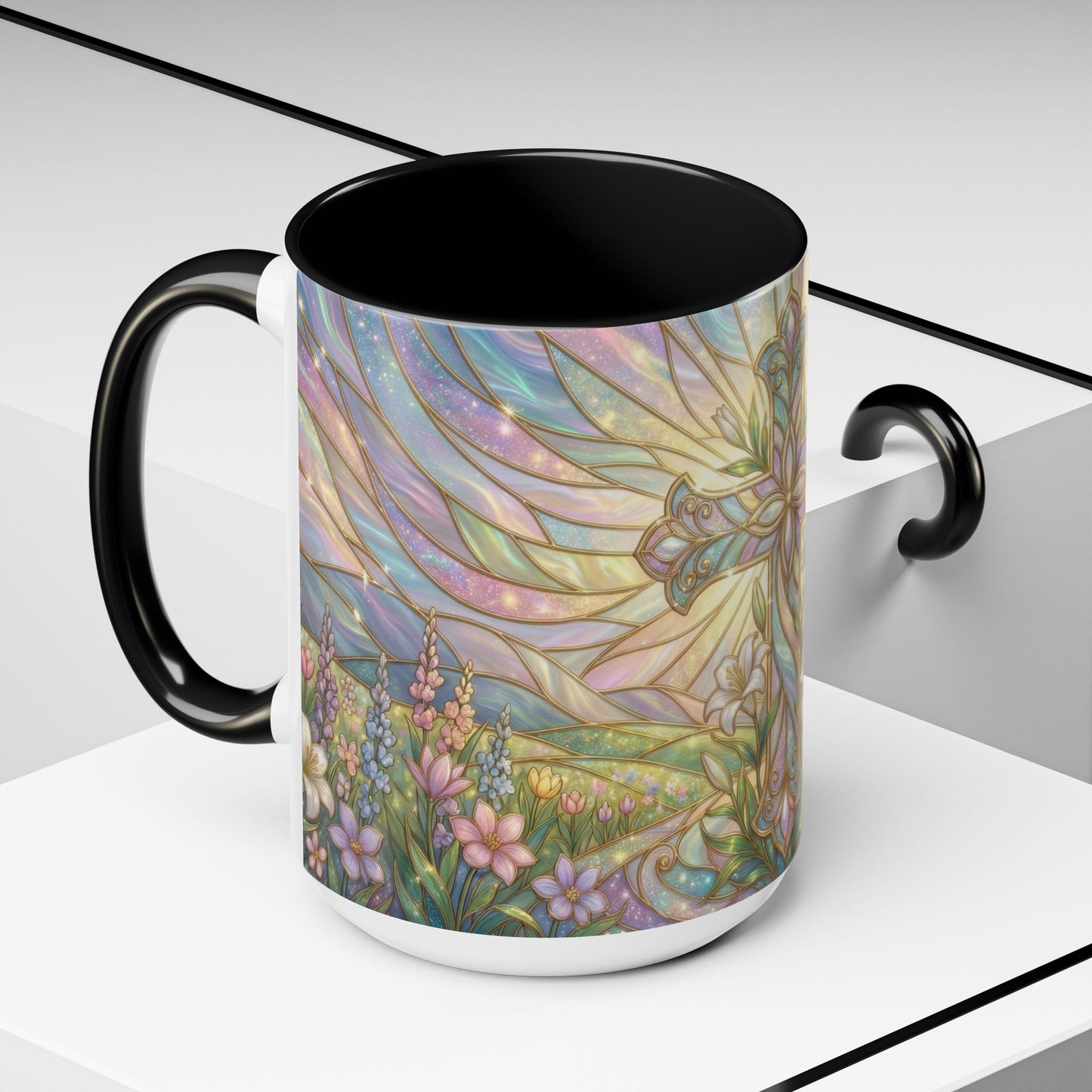 Stained Glass Cross Mug, Easter Lily Coffee Cup, Christian Religious Gift, Pastel Floral Faith Mug, Spring Believer Cup, Baptism Present