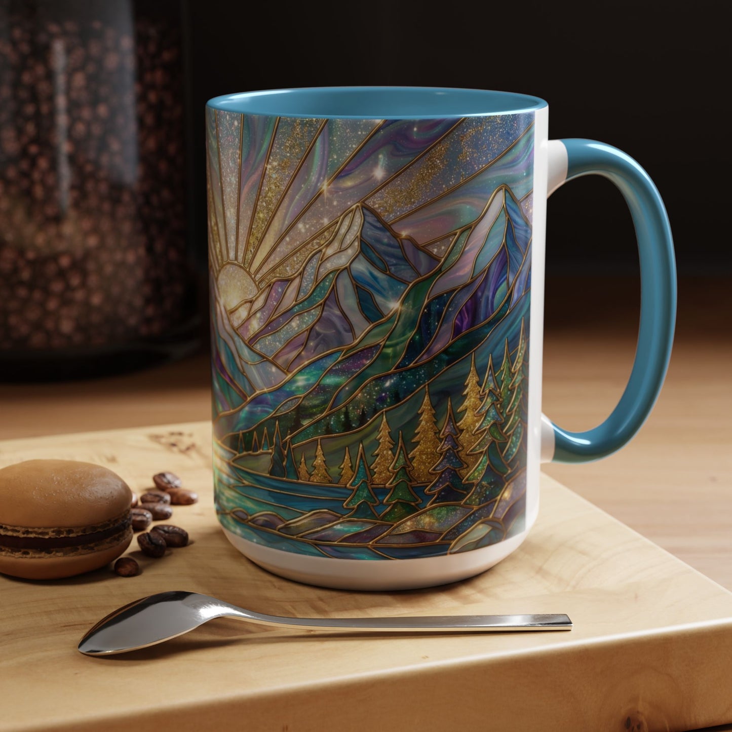 Stained Glass Mountain Mug, Mountain Landscape Coffee Cup, Galaxy Sky Nature Ceramic Mug, Sunrise River Forest Art, 11oz 15oz Gift