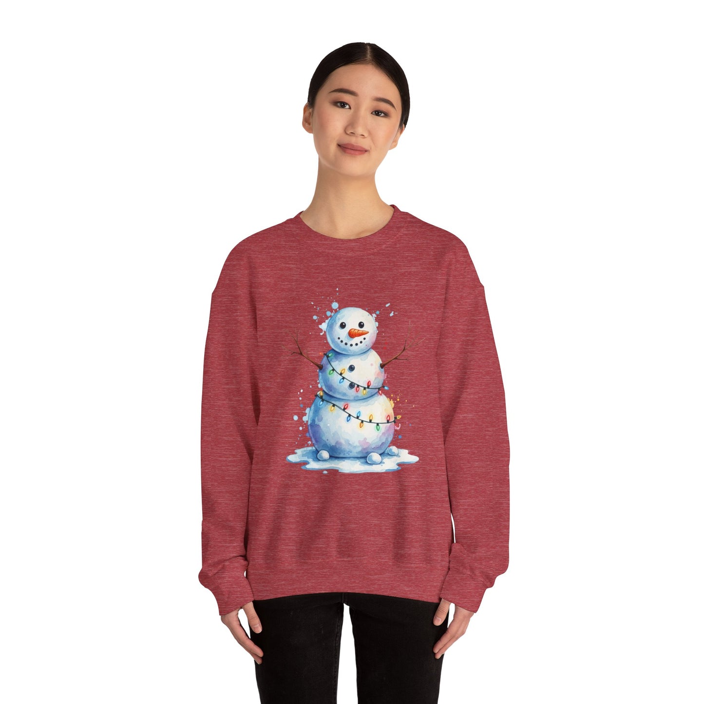 Watercolor Snowman Christmas Sweatshirt, Cute Snowman Crewneck for Winter, Holiday Lights Snowman Sweater, Cozy Unisex Christmas Gift