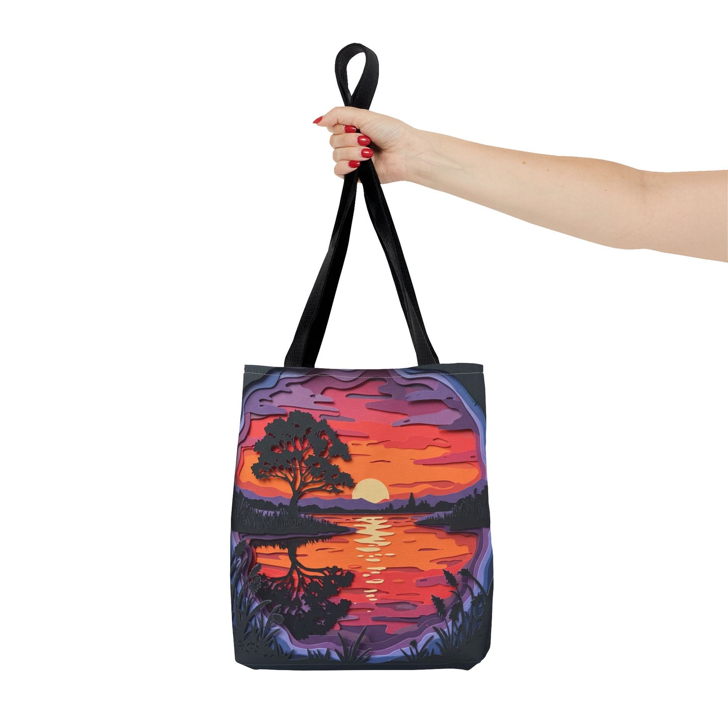 Sunset Landscape Canvas Tote Bag – Paper‑Art Inspired Nature Scene Tote – Colorful Sunset Market Tote, Eco Reusable Beach Bag, Vibrant Gift for Her