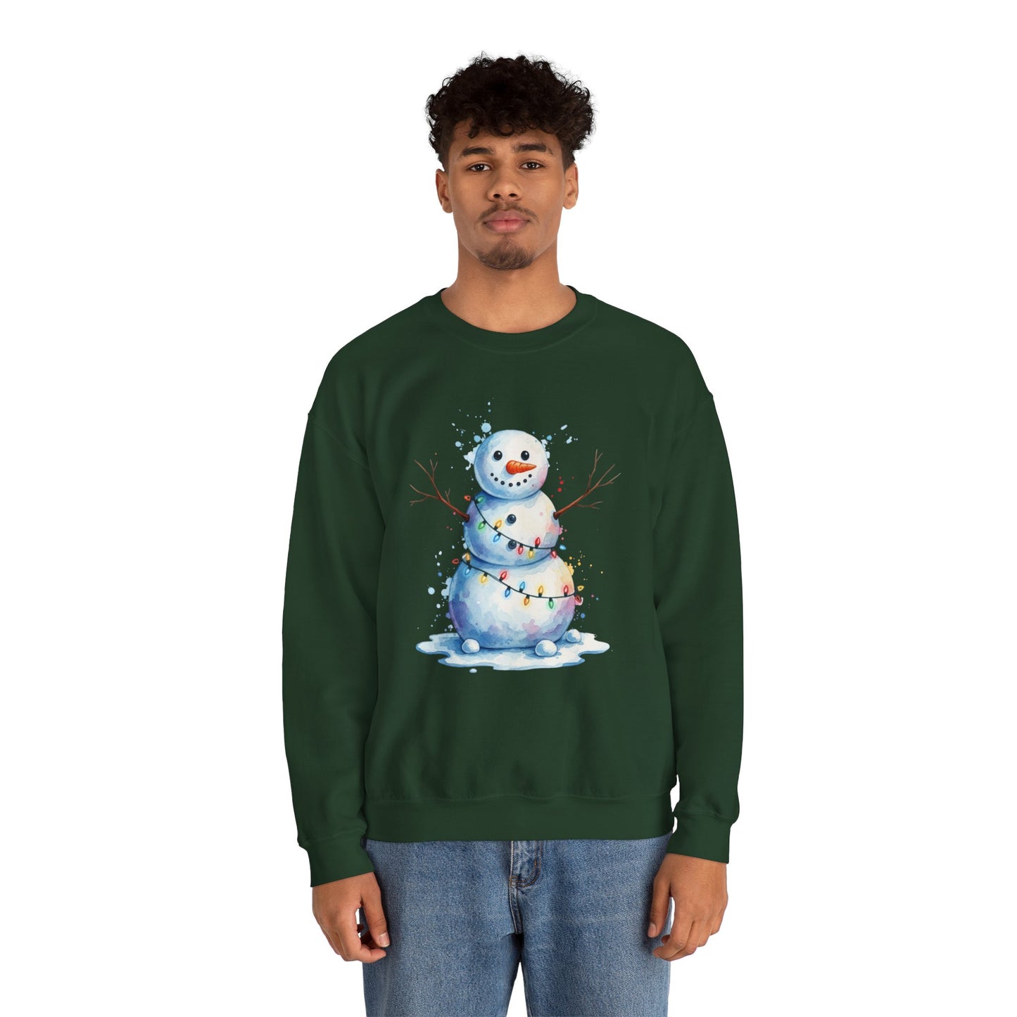 Watercolor Snowman Christmas Sweatshirt, Cute Snowman Crewneck for Winter, Holiday Lights Snowman Sweater, Cozy Unisex Christmas Gift