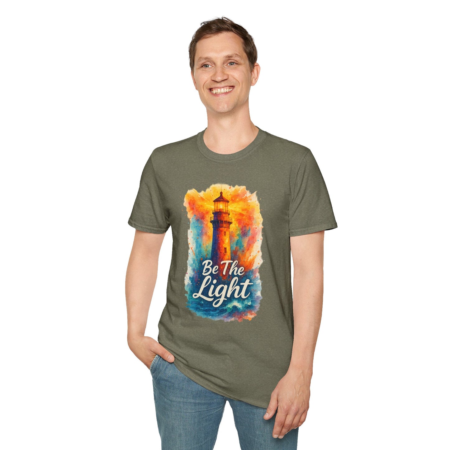 Be The Light Lighthouse T-Shirt | Inspirational Spiritual Tee | Coastal Nautical Gift for Her and Him | Unisex Softstyle Graphic Tee