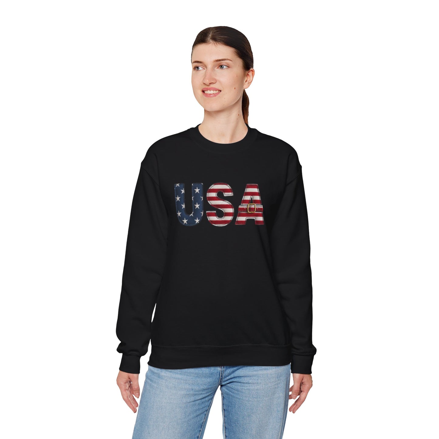 Faux Patchwork USA Sweatshirt, Patriotic Quilt Style Top, Rustic Americana Crewneck, 4th of July Shirt, Country USA Sweater, Vintage Flag Top