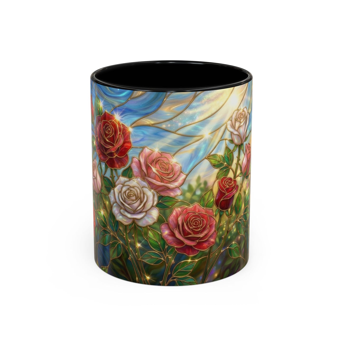 Stained Glass Rose Garden Mug, Floral Rose Coffee Cup, Elegant Flower Mug, Blue Green Gold Glass Style Design, Romantic Gift For Her