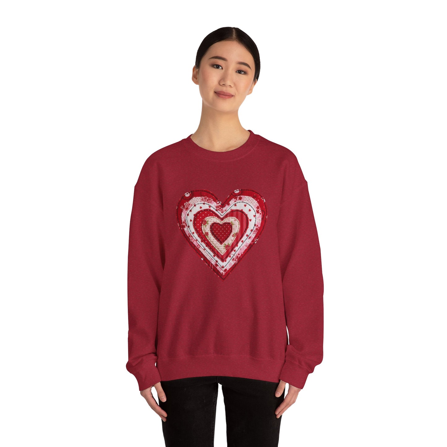 Faux Patchwork Heart Sweatshirt, Valentine Heart Shirt, Cute Valentine Gift, Retro Patchwork Crewneck, Cozy Love Sweater, Boho Heart Top