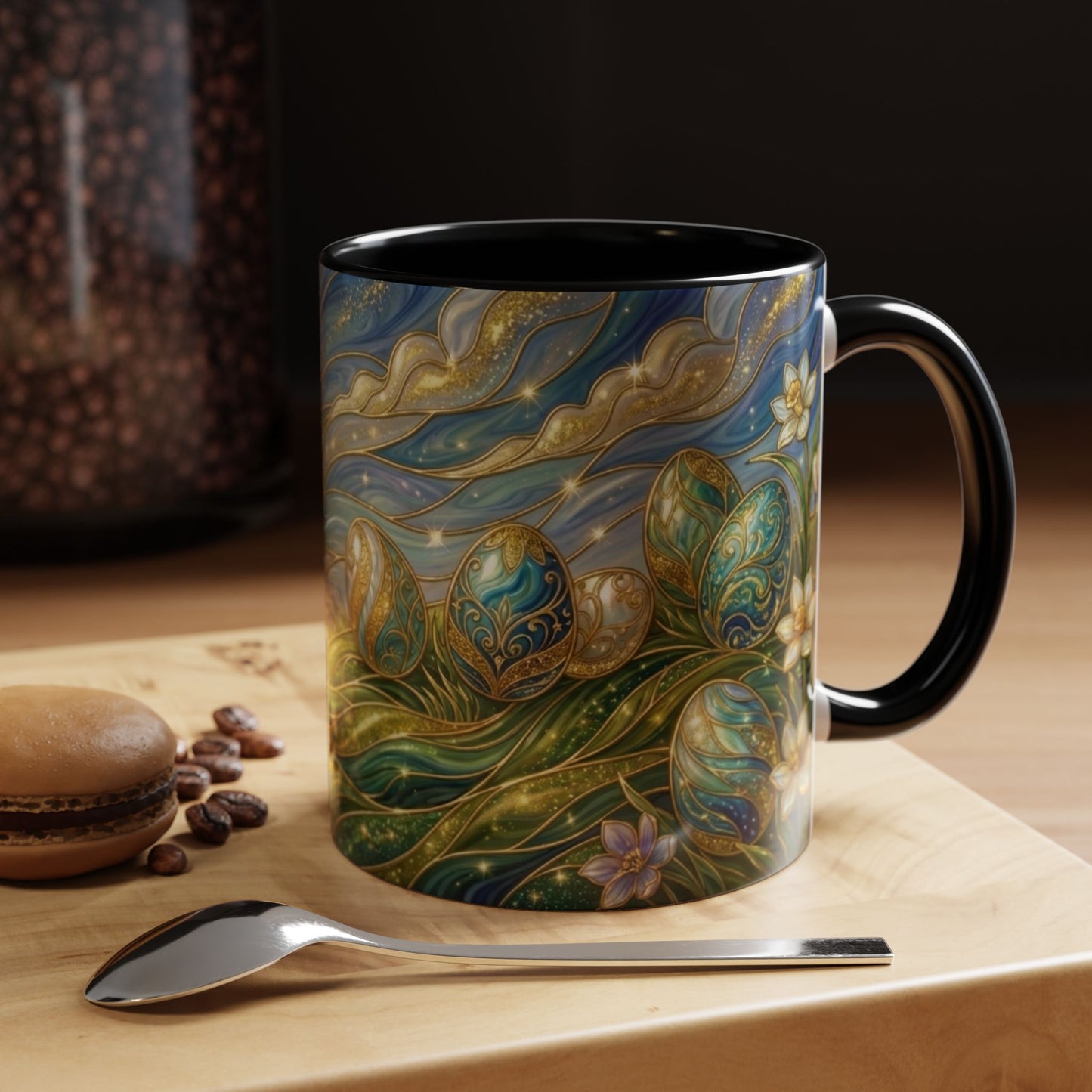 Stained Glass Easter Egg Mug, Magical Spring Floral Coffee Cup, Art Nouveau Fantasy Teacup, Elegant Celestial Starry Sky Mug Gift Idea