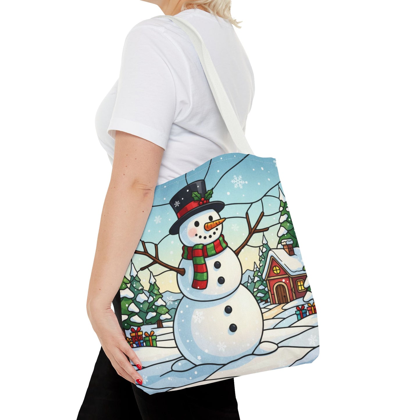 Stained Glass Snowman Christmas Tote Bag, Holiday Art Tote, Festive Winter Gift Bag, Colorful Christmas Scene Reusable Shopping Bag