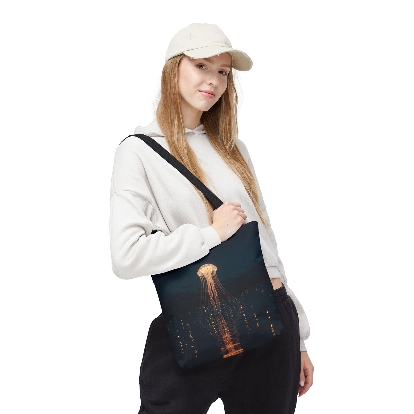Luminous Jellyfish Tote Bag, Glow-Inspired Ocean Design Shoulder Bag, Durable Polyester Tote For Everyday Style, Gifts, And Coastal Fashion