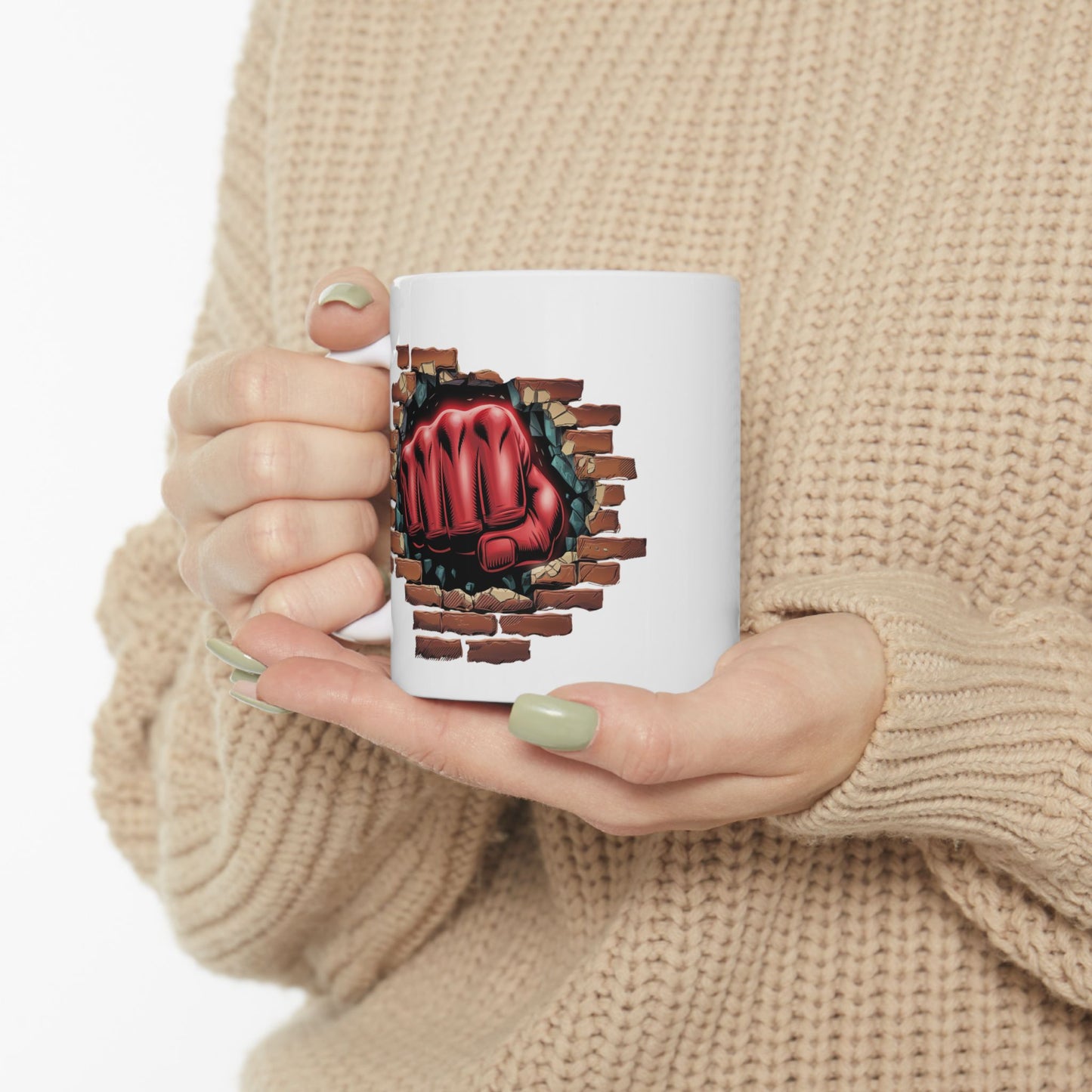 Red Fist Breaking Through Brick Mug – Bold Graphic 11oz or 15oz Ceramic Coffee Cup – Edgy Statement Gift for Him or Her, Cottagecore & Galaxy Aesthetic