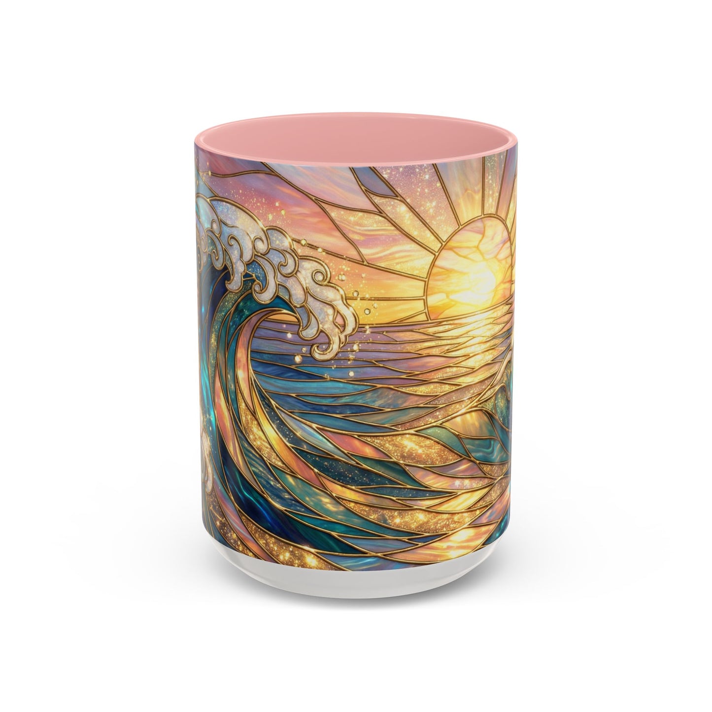 Stained Glass Ocean Wave Mug, Sunrise Beach Coffee Cup, Japanese Art Gift, Coastal Decor Kitchen, Mosaic Sea Tea Cup, Blue Gold Nature Lover