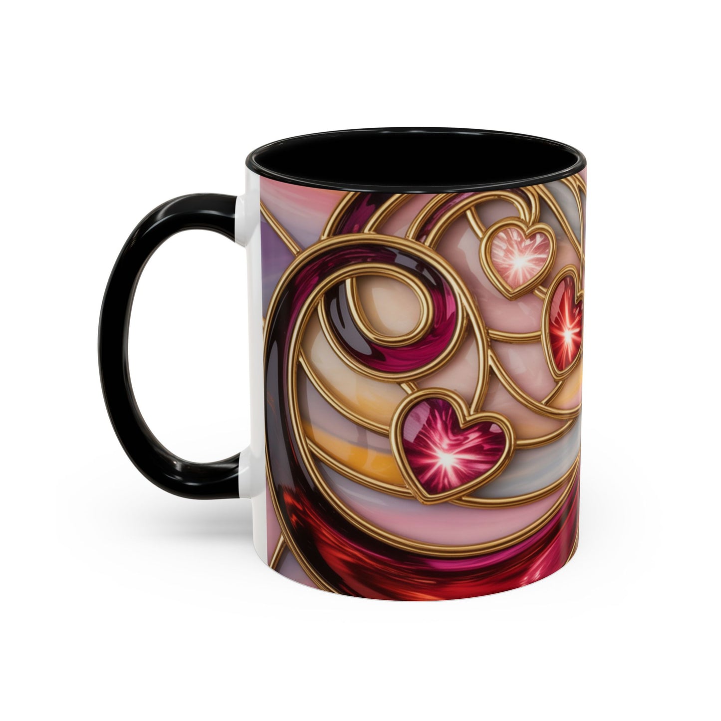 Stained Glass Heart Mug, Romantic Love Coffee Cup, Pink Red Gold Glass Style Mug, Valentine Gift For Her, Anniversary Wedding Decor