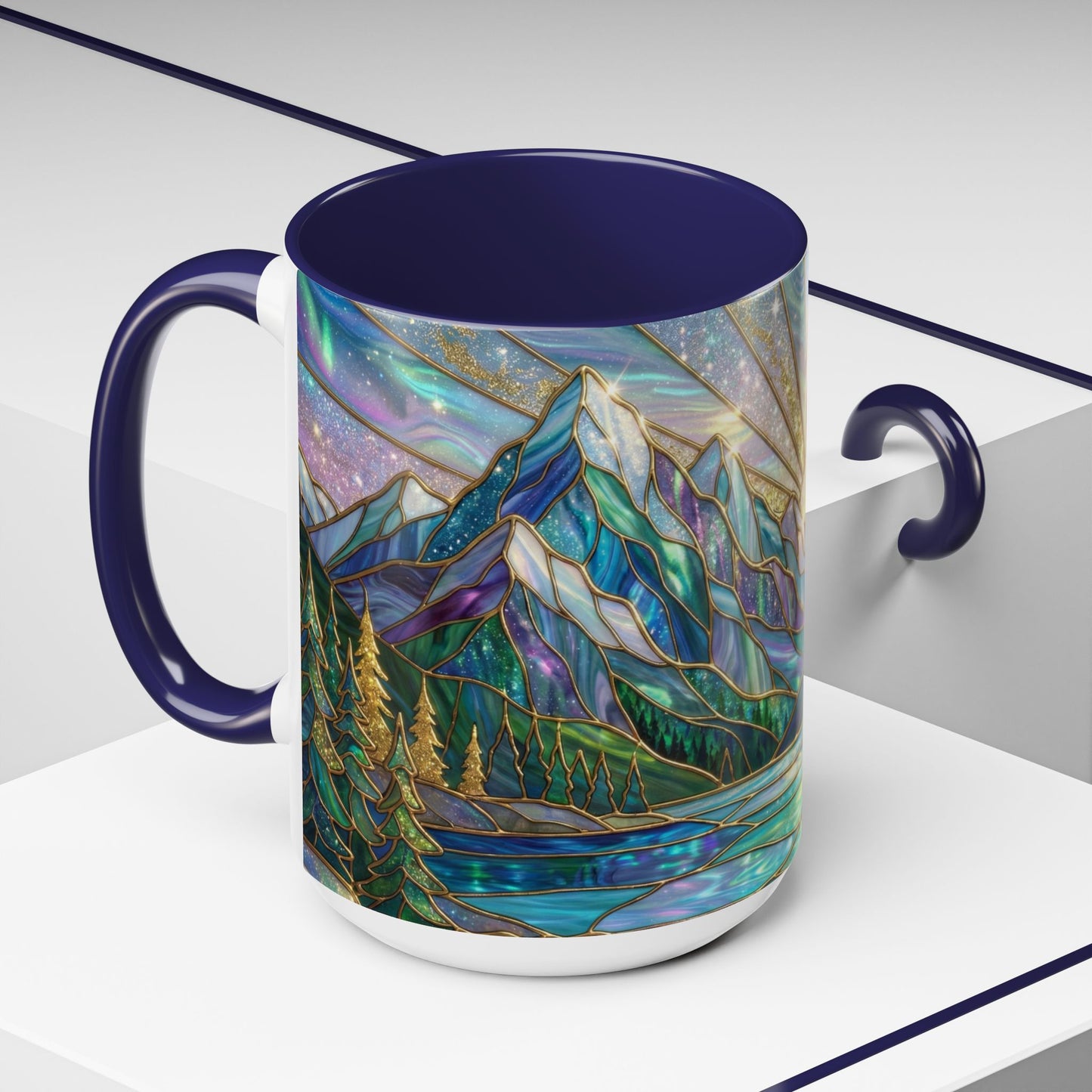 Stained Glass Mountain Mug, Mountain Landscape Coffee Cup, Galaxy Sky Nature Ceramic Mug, Sunrise River Forest Art, 11oz 15oz Gift