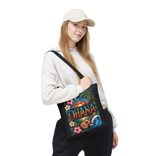 Ohana Tote Bag – Hawaiian Tropical Beach Bag with Ukulele, Sunset & Hibiscus Flowers, Island Gift for Women, Aloha Family Vibes