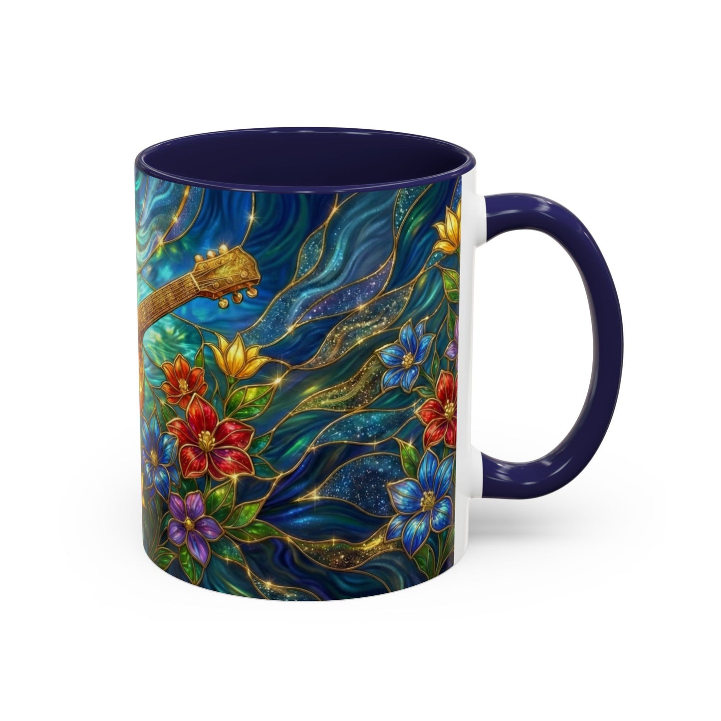 Guitar Coffee Mug, Stained Glass Guitar Art Mug, Music Lover Gift, Floral Acoustic Guitar Mug, Ceramic Coffee Cup, Unique Musician Gift, 11oz