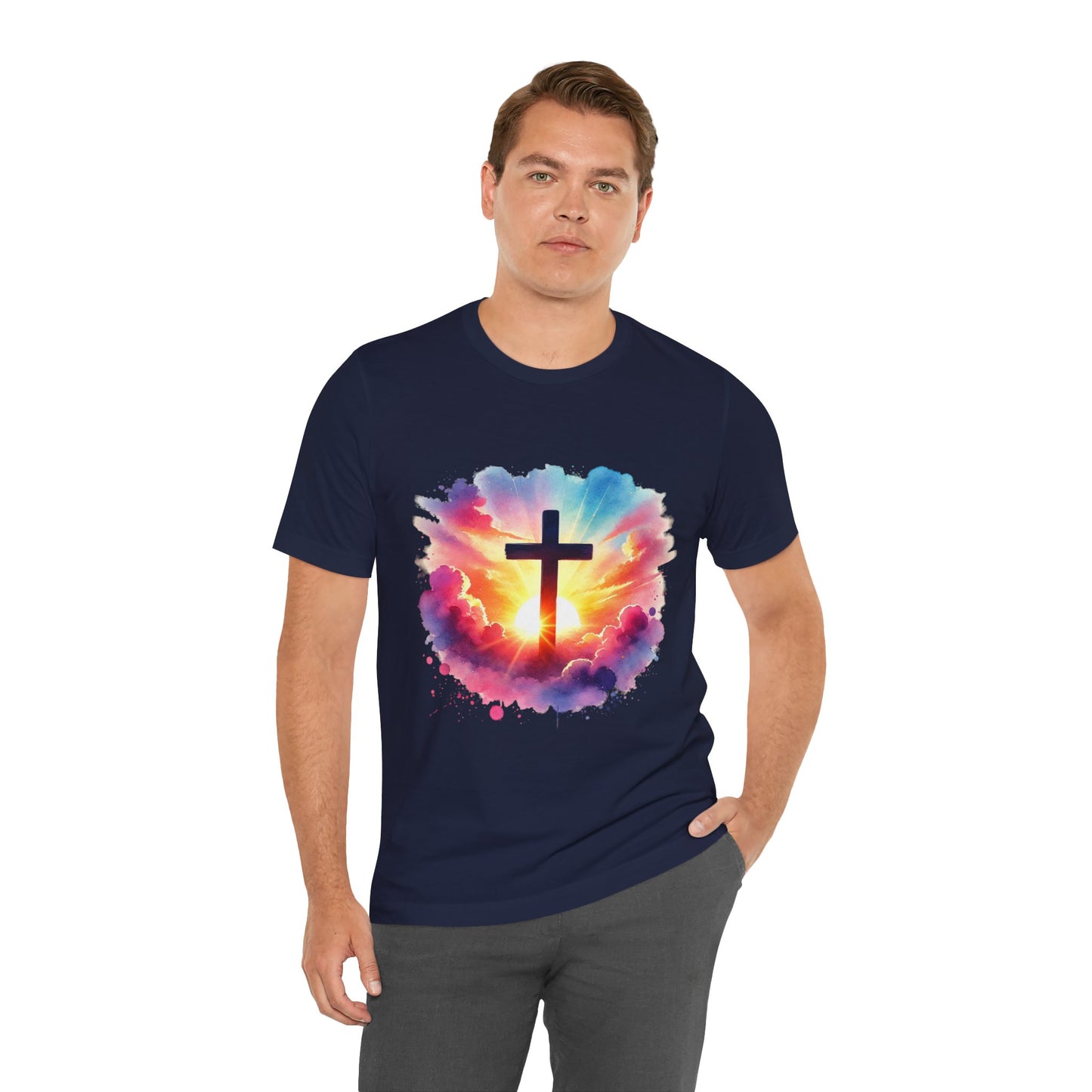 Faith Cross Sunburst Christian Tee | Inspirational Christian T-Shirt | Colorful Sunrise Cross Shirt | Faith Gifts for Women Men