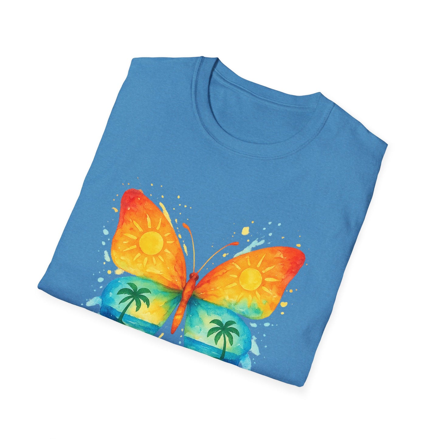 Butterfly Sunset Beach Tee - Ocean & Palm Watercolor Butterfly T-Shirt, Coastal Boho Graphic, Nature Lover Gift, Unisex Casual Tee
