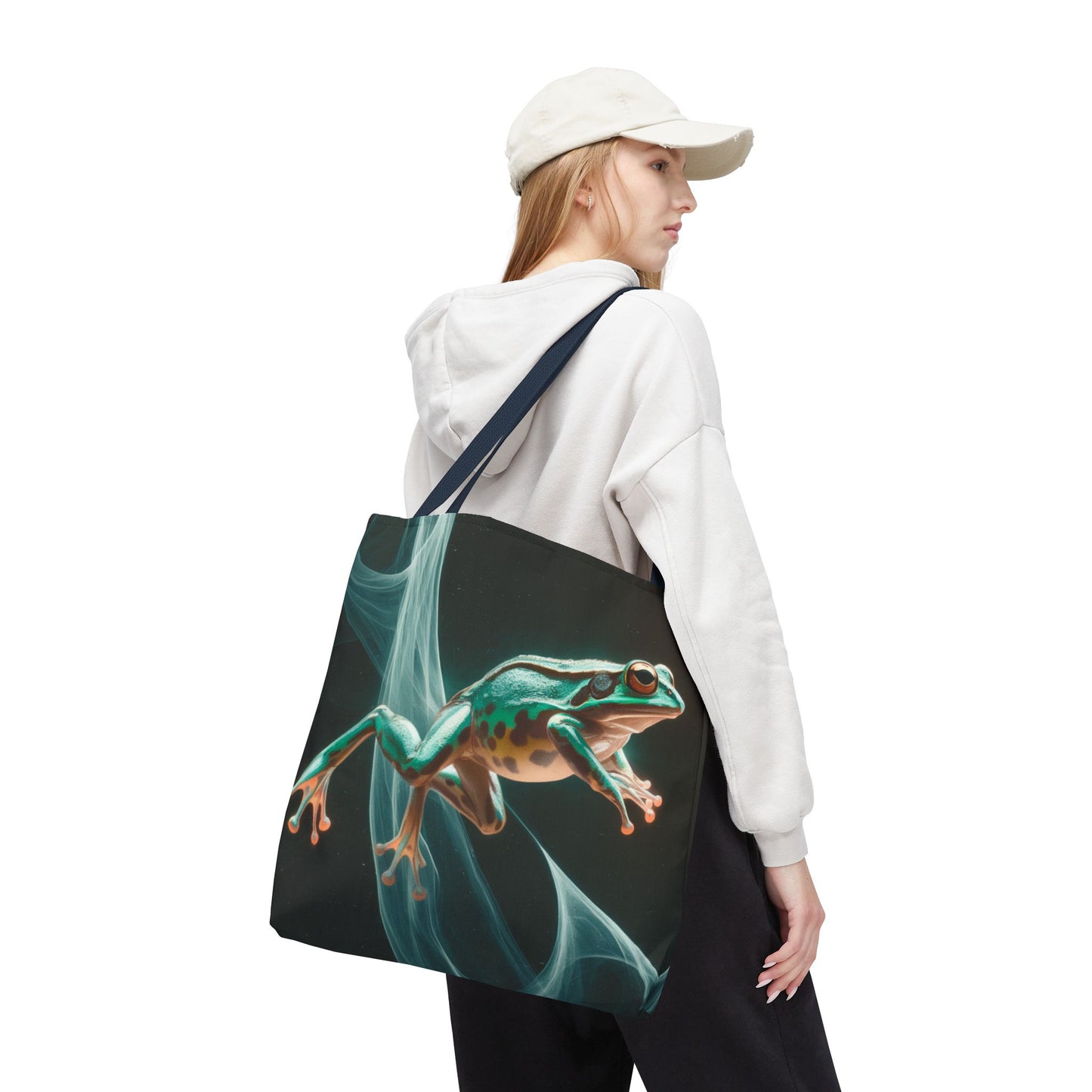 Frog in Motion Tote Bag, Nature-Inspired Green Frog Design Eco-Friendly Shoulder Bag, Artistic Reusable Tote For Everyday Use And Gifts