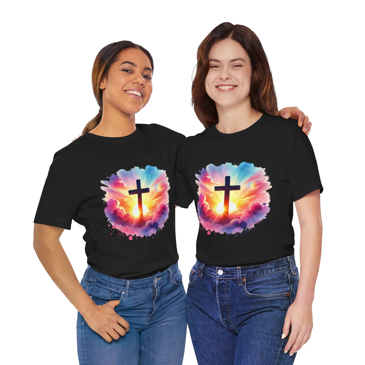 Faith Cross Sunburst Christian Tee | Inspirational Christian T-Shirt | Colorful Sunrise Cross Shirt | Faith Gifts for Women Men