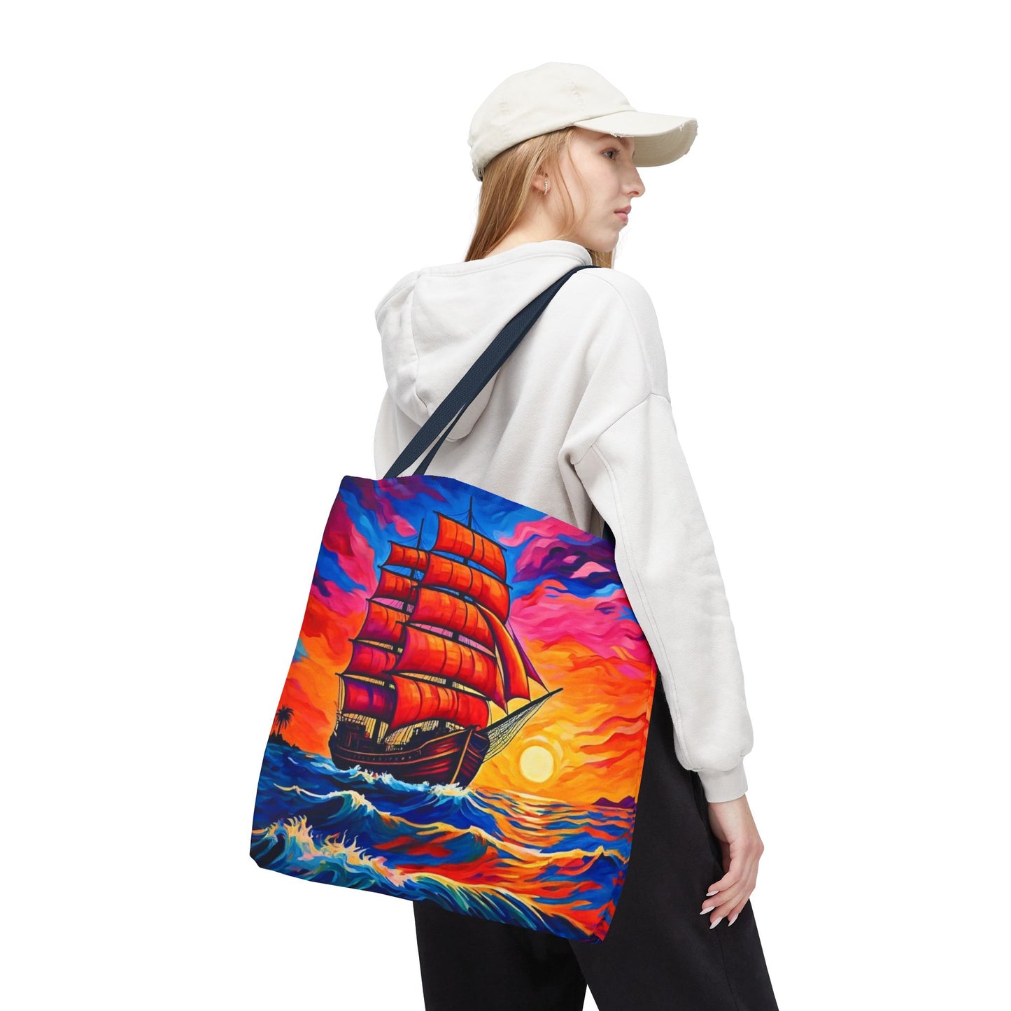 Crimson Voyage Tote Bag, Red Sailboat At Sunset Artistic Ocean Design, Nautical Reusable Tote For Beach, Travel, And Everyday Use