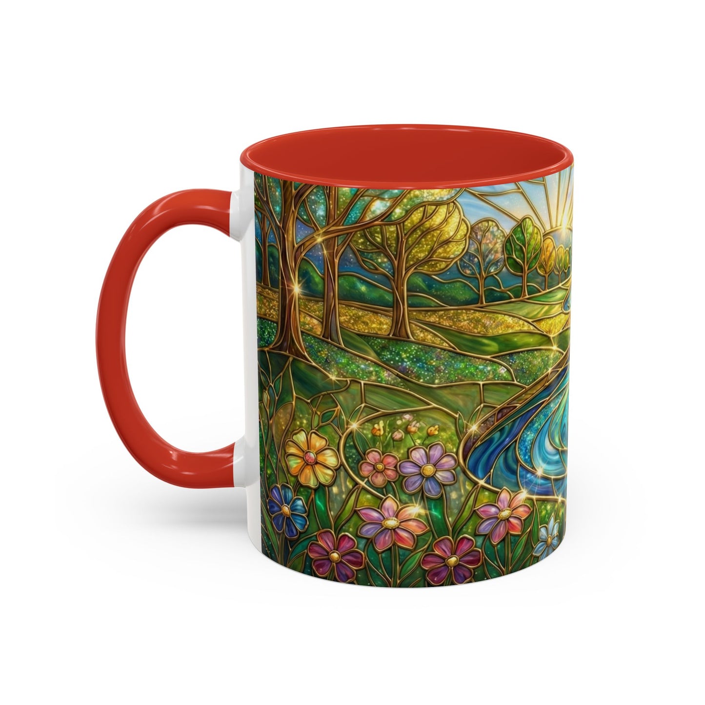 Stained Glass Mug, River Landscape Coffee Cup, Nature Lover Gift, Floral Tea Mug, Gardener Present, Art Teacher Gift, Colorful Scenery Cup