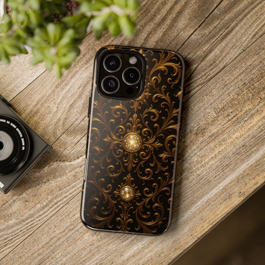 Baroque iPhone Case – Elegant Gold Floral Scroll Design for iPhone 16, 15, 14, 13, Pro Max & More