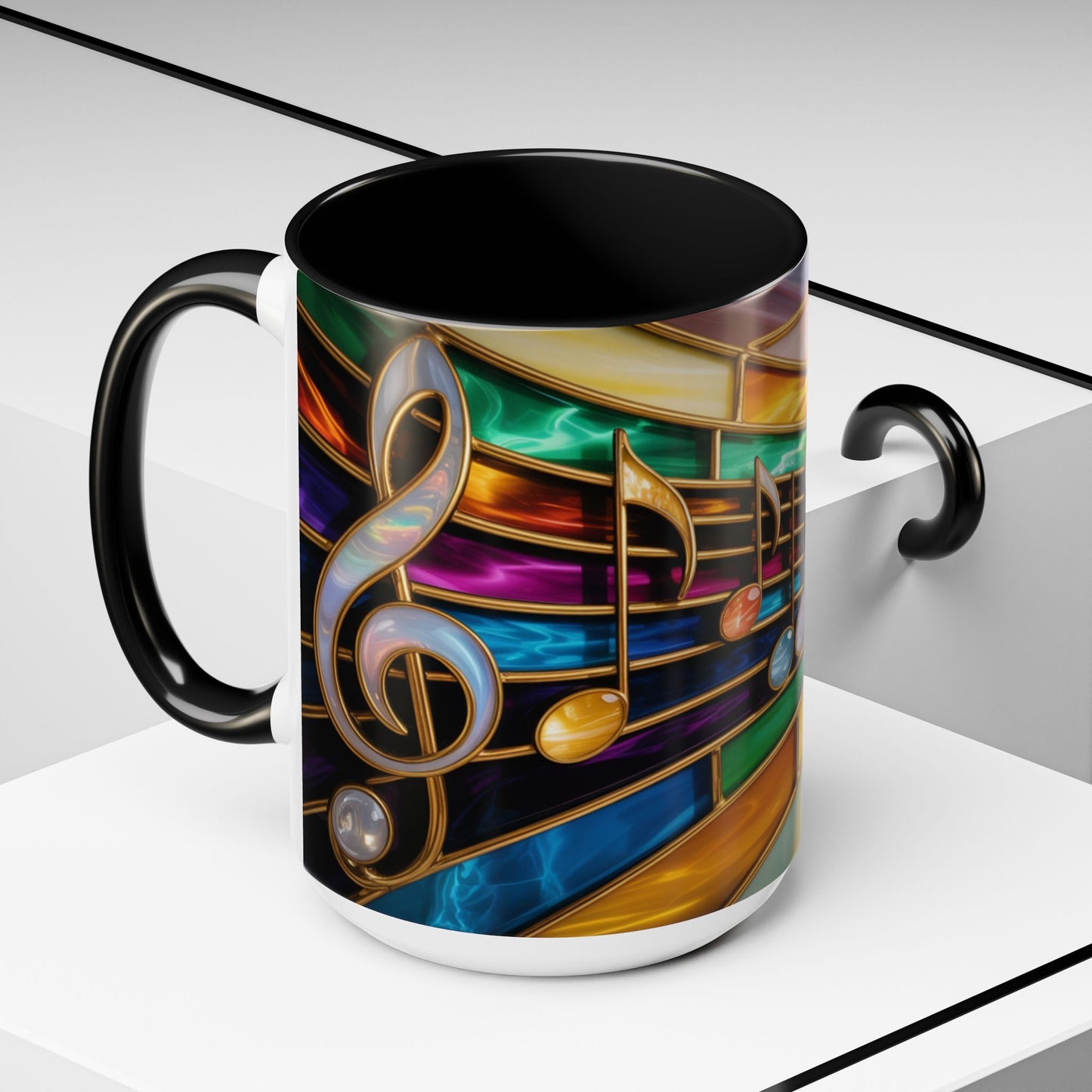 Stained glass music mug, musical notes coffee cup, colorful musician gift mug, music lover present, treble clef art mug, music teacher gift