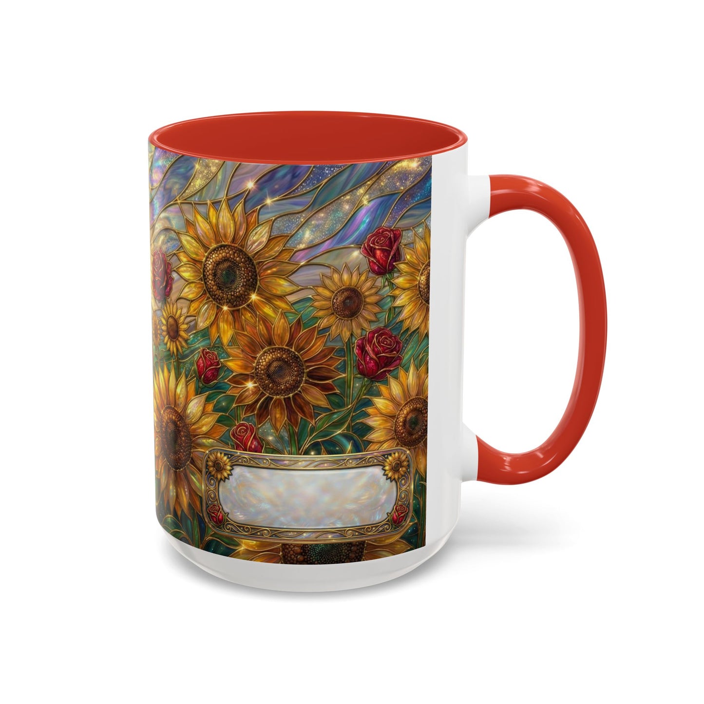 Personalized Stained Glass Sunflower Mug, Custom Red Rose Floral Coffee Cup, Celestial Night Sky Botanical Teacup, Gift For Flower Lover