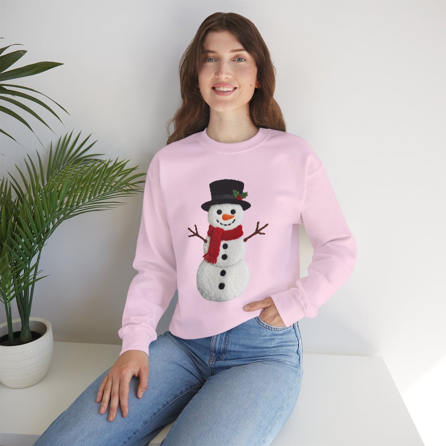 Faux Patchwork Crochet Snowman Sweatshirt, Winter Snowman Crewneck, Cozy Holiday Sweater, Christmas Sweatshirt, Festive Winter Shirt, unisex gift
