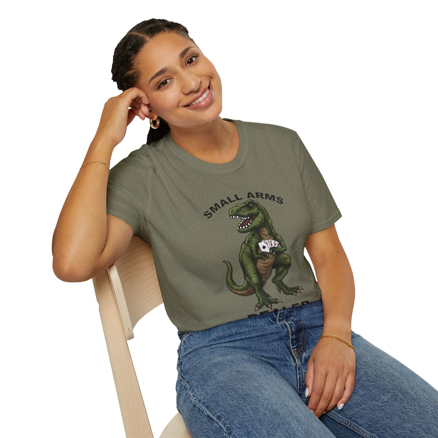 Funny Small Arms Dealer T-Rex Shirt, Dinosaur Pun Tee, Hilarious Graphic T-Shirt for Men & Women, Great Gift for Dad, Friend, or Coworker