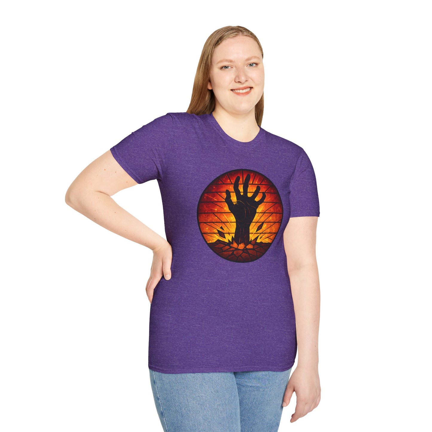 Zombie Hand Sunset T-Shirt – Stained Glass Horror Shirt, Halloween Gothic Tee, Undead Rising Art Tee, Creepy Spooky Shirt for Fall